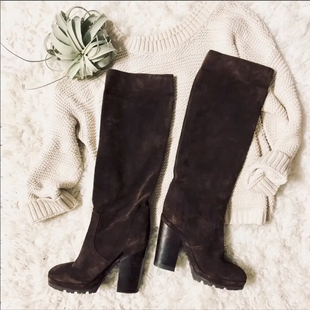 MICHAEL KORS Chocolate Brown Suede Leather Knee High Chunky Heel Boot Boots 9
